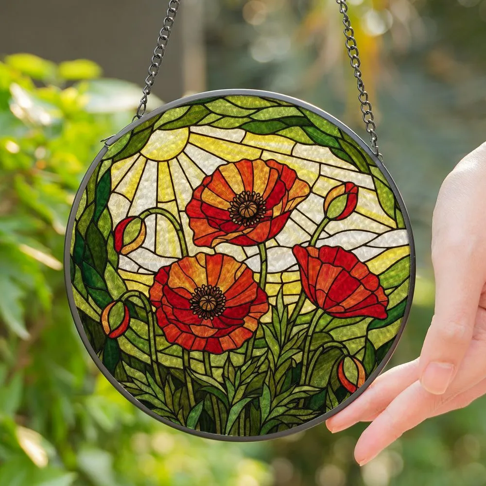 Vibrant Stained Glass Poppy Flowers Mosaic Art - Tiffany Style Jewel Tone Home Decor Gift Stained Glass Suncatcher - 1
