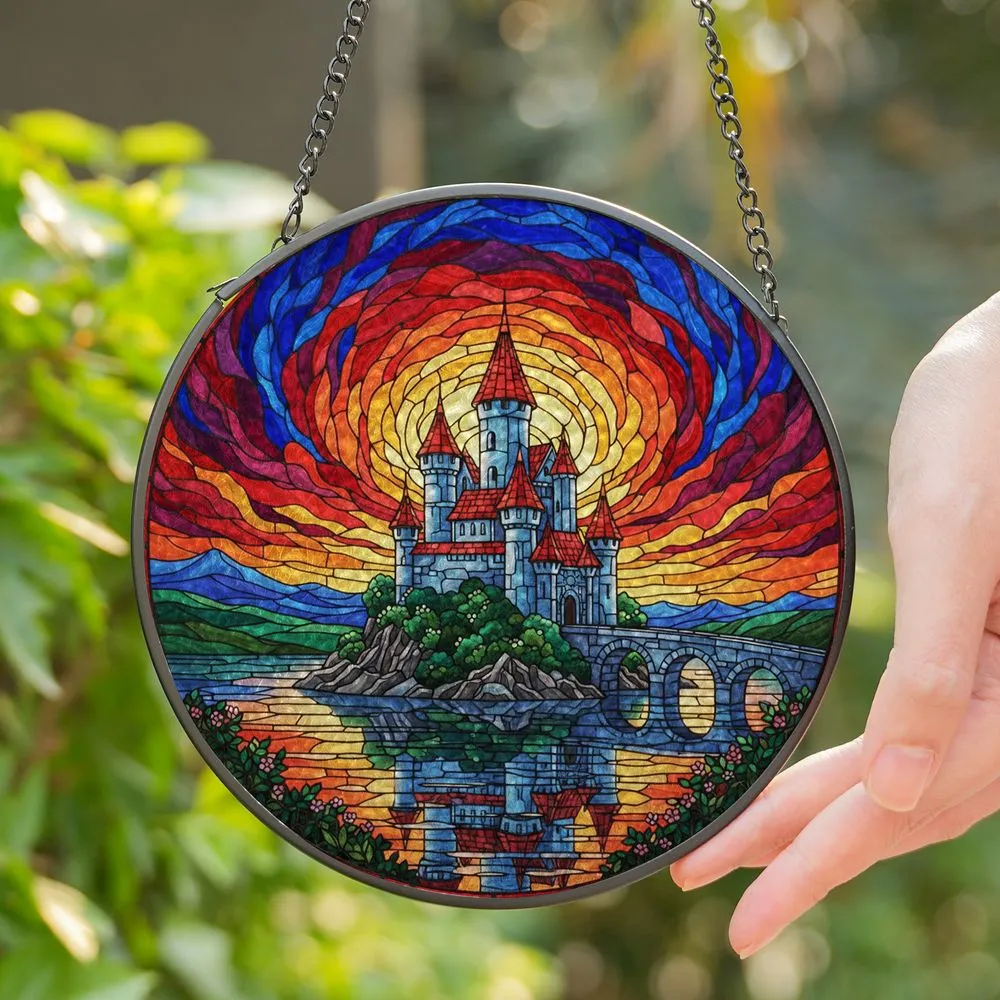 Stained Glass Castle Island Sunset Sky Reflections - Tiffany Style Jewel Tone Art Decor Gift Stained Glass Suncatcher - 1