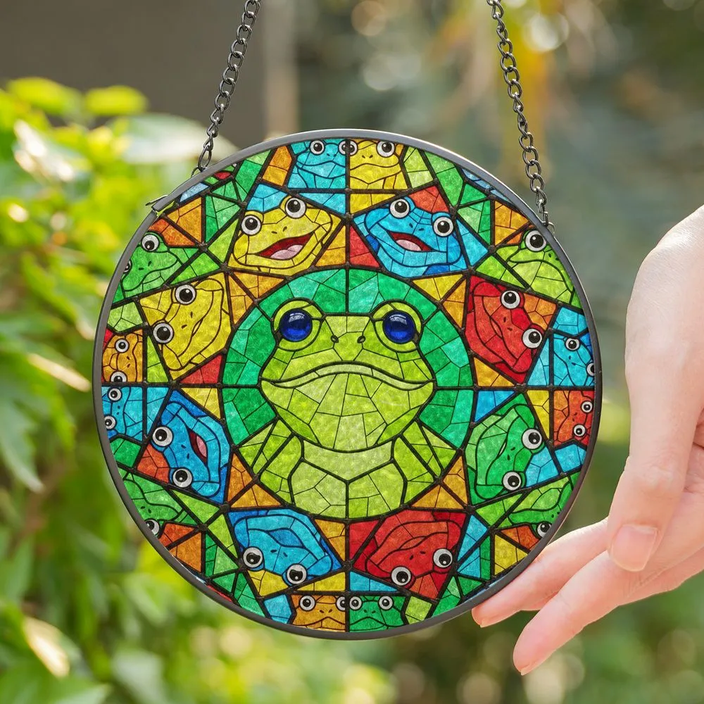 Intricate Tiffany Style Stained Glass Frog - Worried Green Frog Mosaic Art Frog Lover Gift Stained Glass Suncatcher - 1