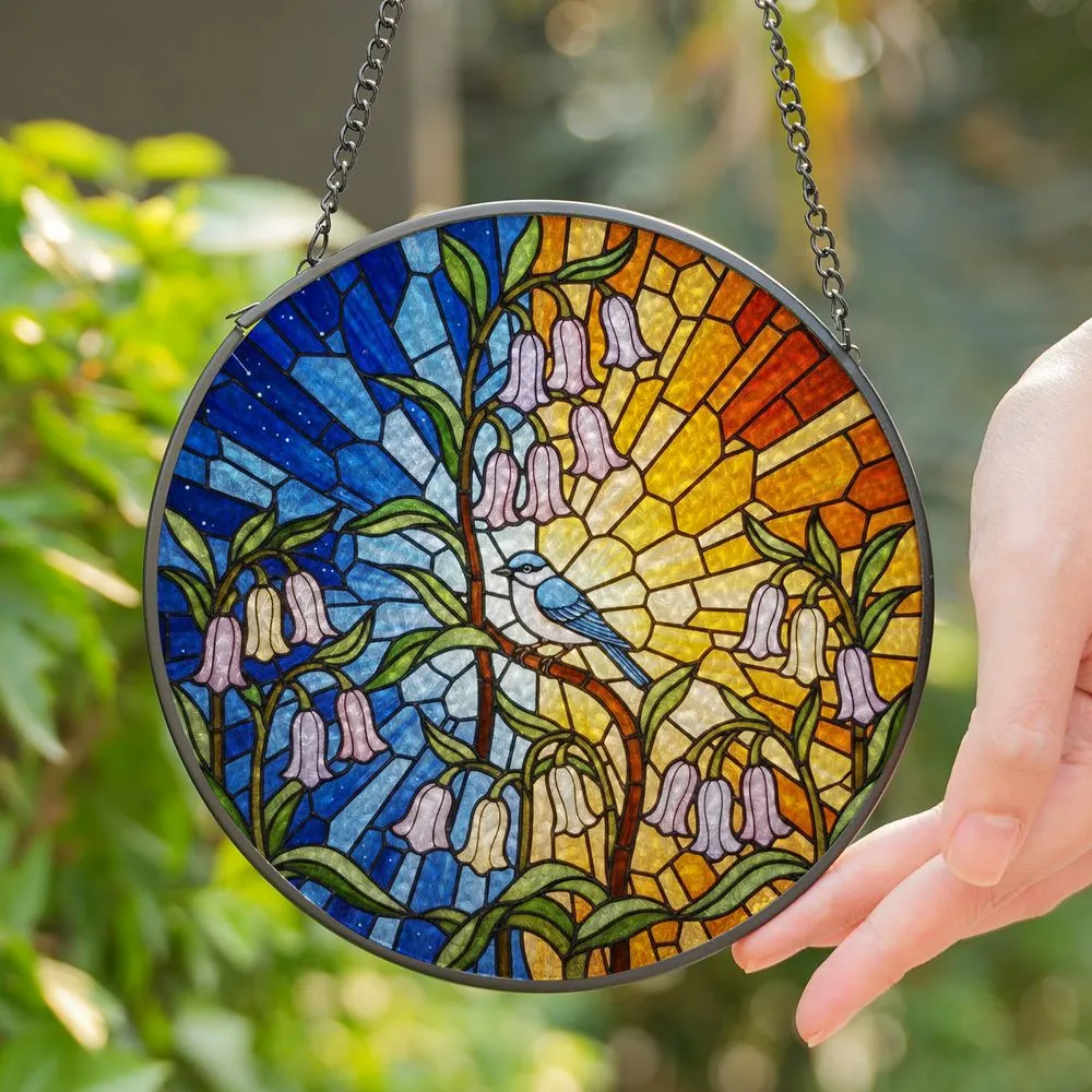 Blue Bird Bell Flower Tiffany Style Stained Glass Sunset Night Sky Mosaic Art Stained Glass Suncatcher - 1