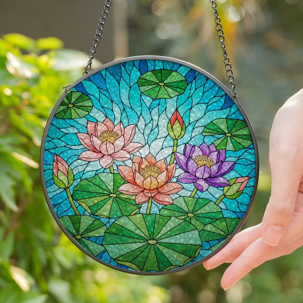 Three Lotus Flowers Lily Pads Pond Water Tiffany Stained Glass Mosaic Art Intricate Jewel Tones Stained Glass Suncatcher - 1