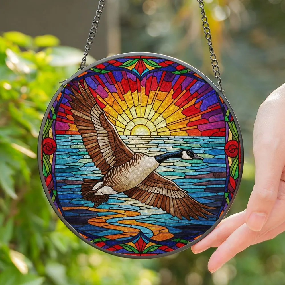 Canada Goose Stained Glass - Mid-Flight Wings Spread Panoramic Water Bird Art Stained Glass Suncatcher - 1