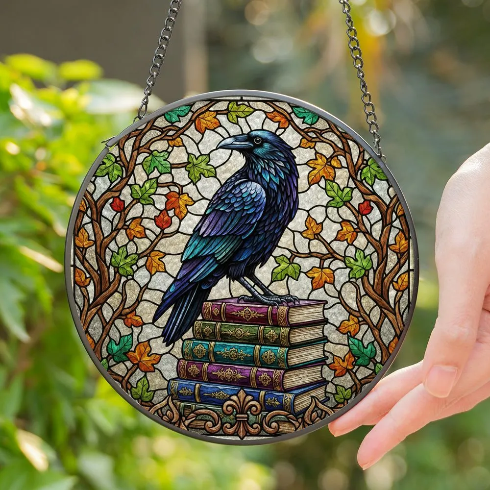 Black Raven Iridescent Stained Glass Art, Vintage Books, Tiffany Style Nature Mosaic Stained Glass Suncatcher - 1