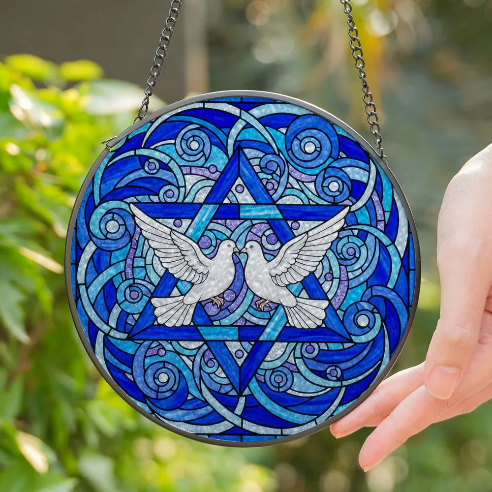 Star of David Doves Stained Glass Art, Blue & White Tiffany Style Intricate Mosaic Patterns Stained Glass Suncatcher - 1