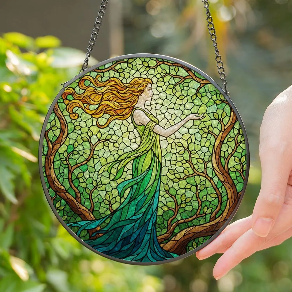 Tiffany Stained Glass Graceful Woman Flowing Gown Tree Branches Dappled Sunlight Art Stained Glass Suncatcher - 1
