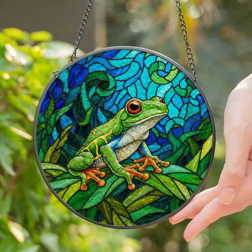 Red-Eyed Tree Frog Stained Glass Tiffany Style - Jungle Leaves Blue Teal Jewel Tones Stained Glass Suncatcher - 1