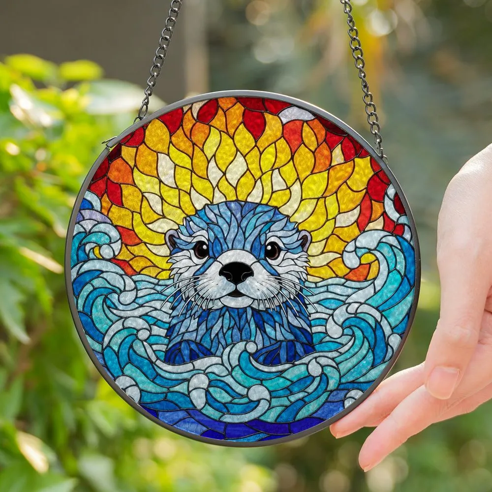 Baby Sea Otter Pup Stained Glass Mosaic Art - Intricate Tiffany Style Jewel Tone Sea Life Stained Glass Suncatcher - 1