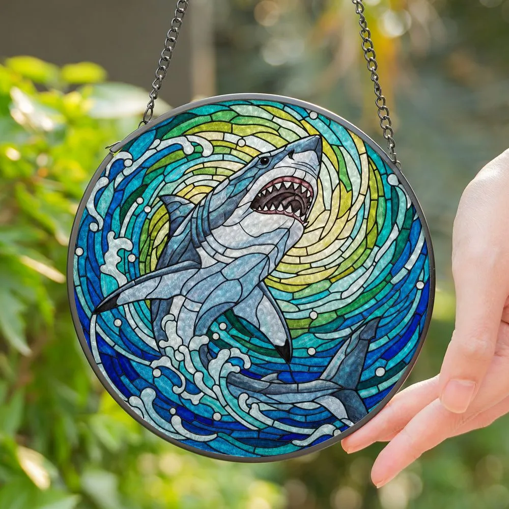 Great White Shark Stained Glass Art - Dynamic Underwater Tiffany Style Ocean Design Stained Glass Suncatcher - 1