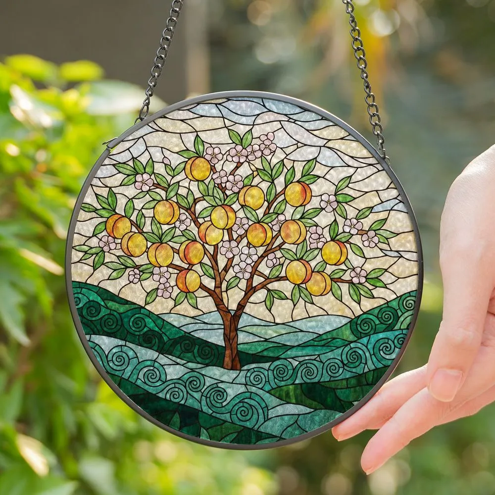 Intricate Peach Tree Blossom Stained Glass Tiffany Rolling Hills Landscape Stained Glass Suncatcher - 1