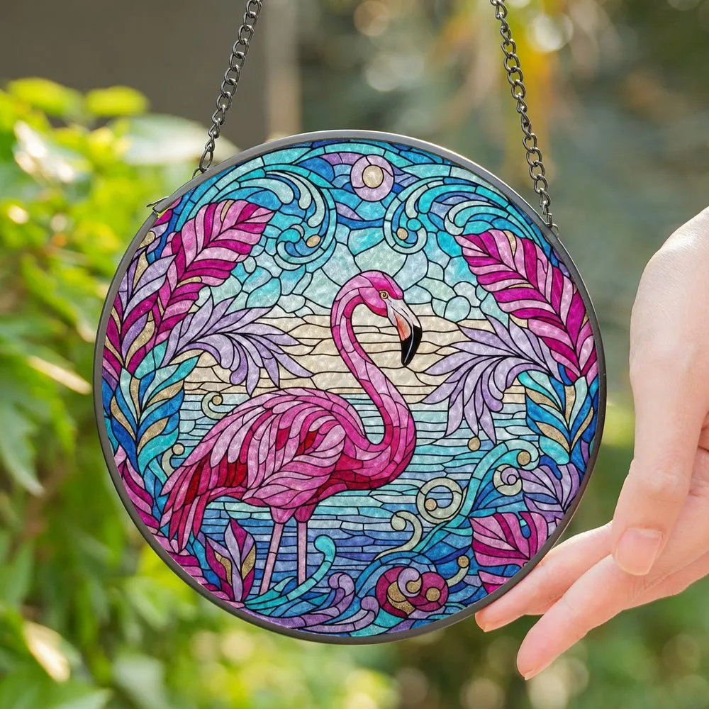 Flamingo Pink Teal Aqua Tropical Leaves Tiffany Stained Glass Art Jewel Tone Stained Glass Suncatcher - 1