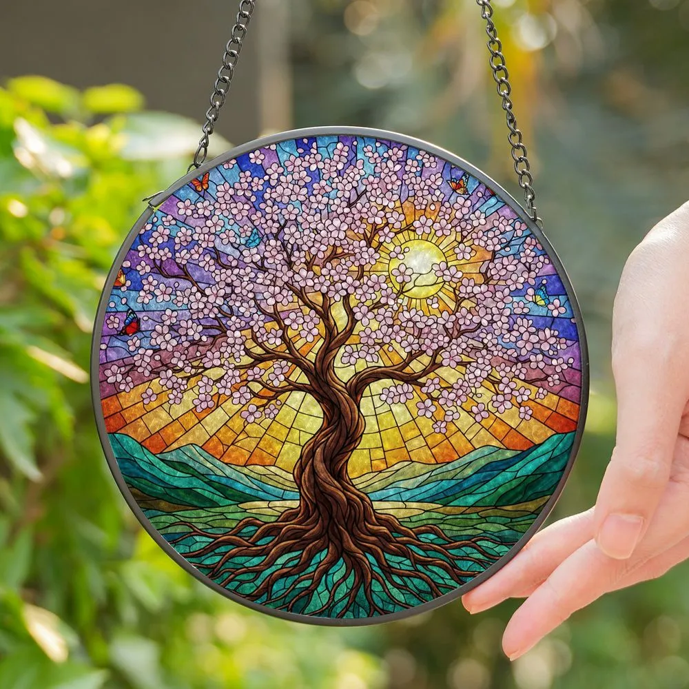 Stained Glass Tree of Life Cherry Blossom Butterflies Mountain Sunset Tiffany Style Decor Stained Glass Suncatcher - 1