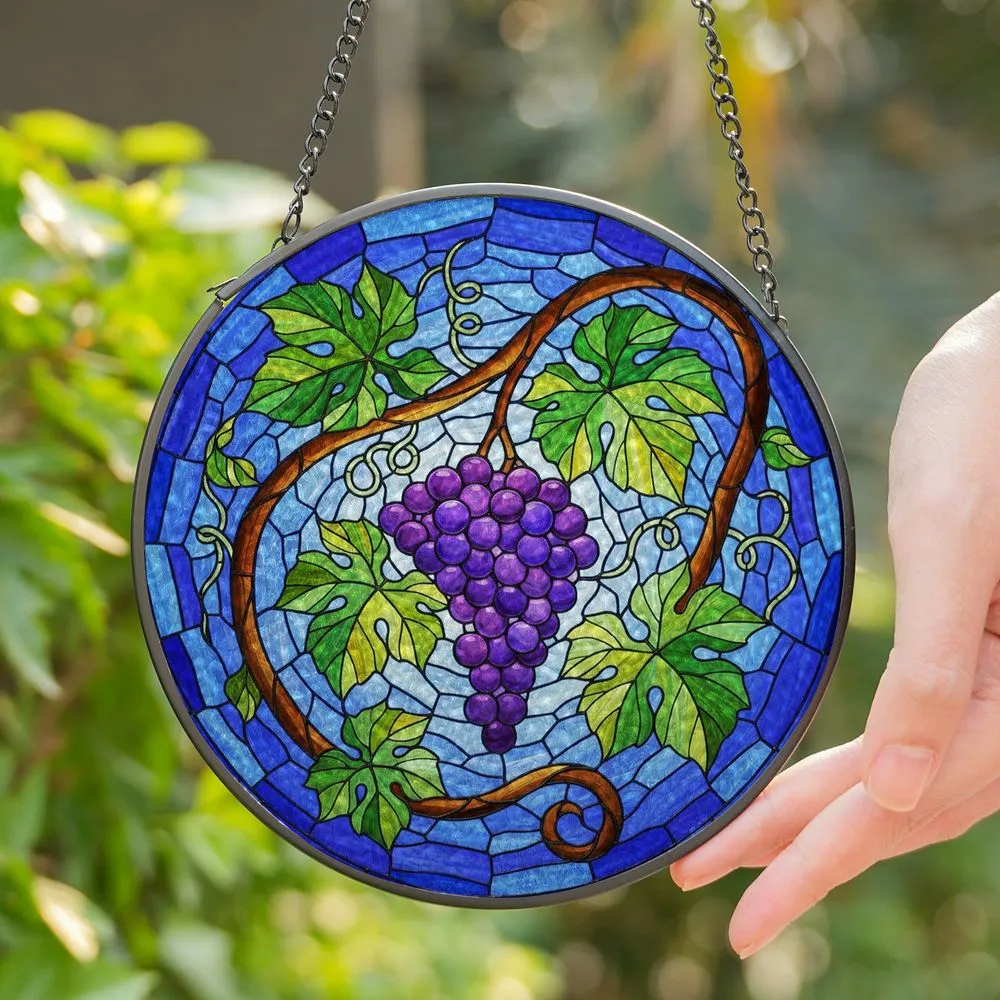 Stained Glass Grapes Tiffany Art - Purple Grape Leaves Blue Mosaic Fruit Design Stained Glass Suncatcher - 1