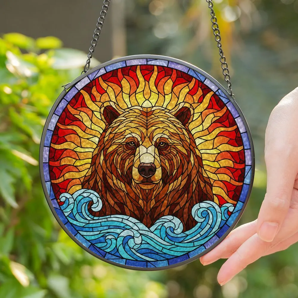 Grizzly Bear Head Stained Glass Art - Tiffany Style Sunburst Mosaic Home Window Decor Stained Glass Suncatcher - 1