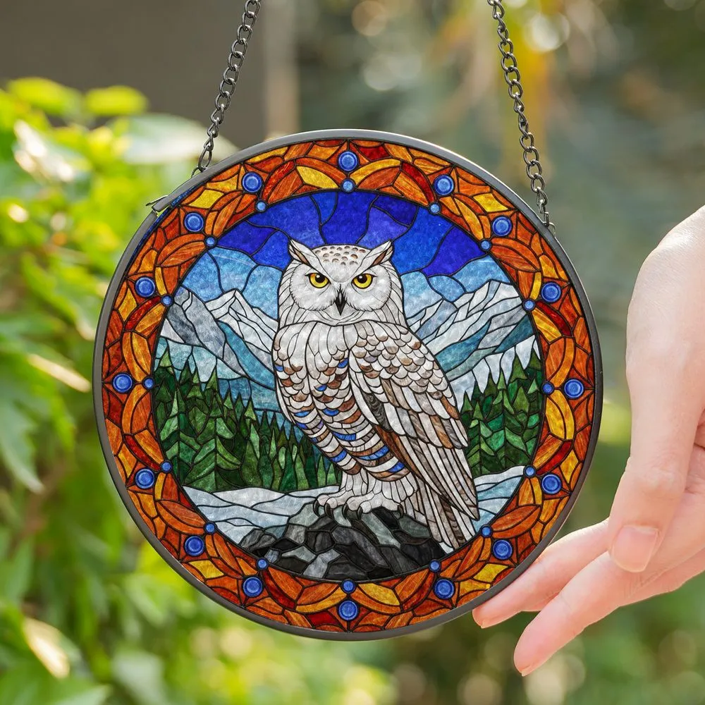 Snowy Owl Stained Glass Winter Mountain Landscape Tiffany Jewel Tone Home Decor Gift Stained Glass Suncatcher - 1