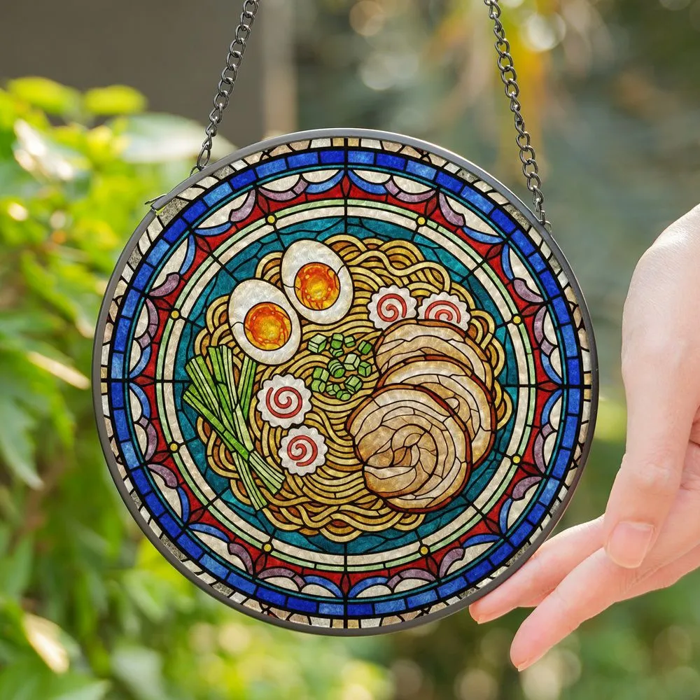 Stained Glass Ramen Noodles Bowl Soft-Boiled Egg Pork - Japanese Foodie Kitchen Decor Gift Stained Glass Suncatcher - 1