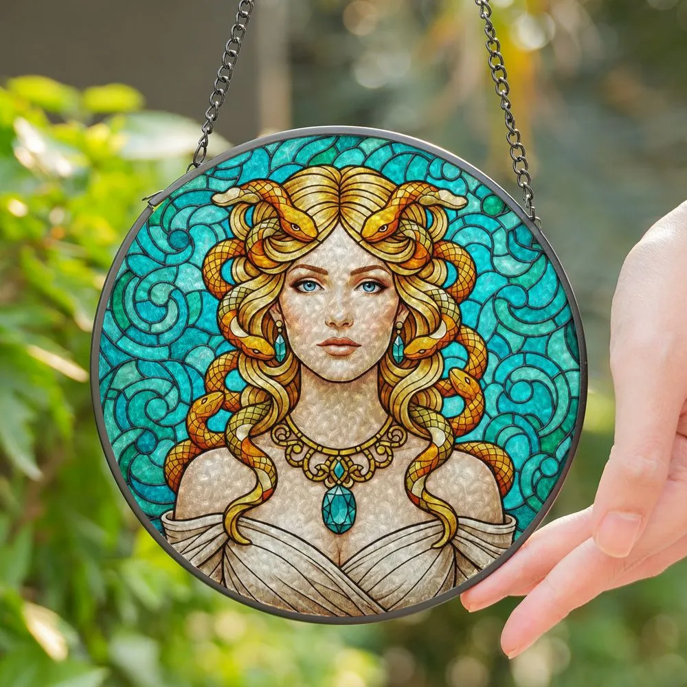Detailed Stained Glass Woman Bust with Snakes, Jewel Tones Emerald Teal Orange Gold Stained Glass Suncatcher - 1