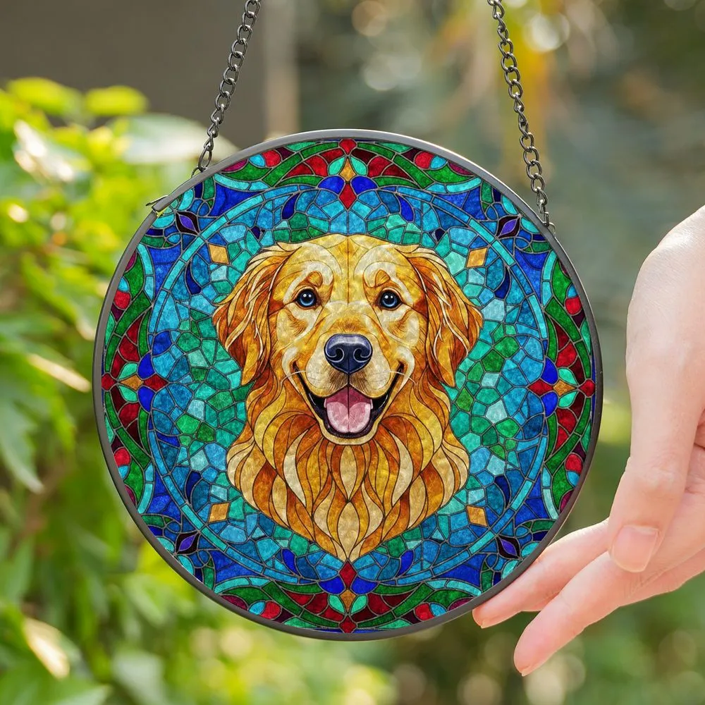 Friendly Golden Retriever Dog Stained Glass Mosaic Art - Tiffany Style Jewel Tone Patterns Stained Glass Suncatcher - 1