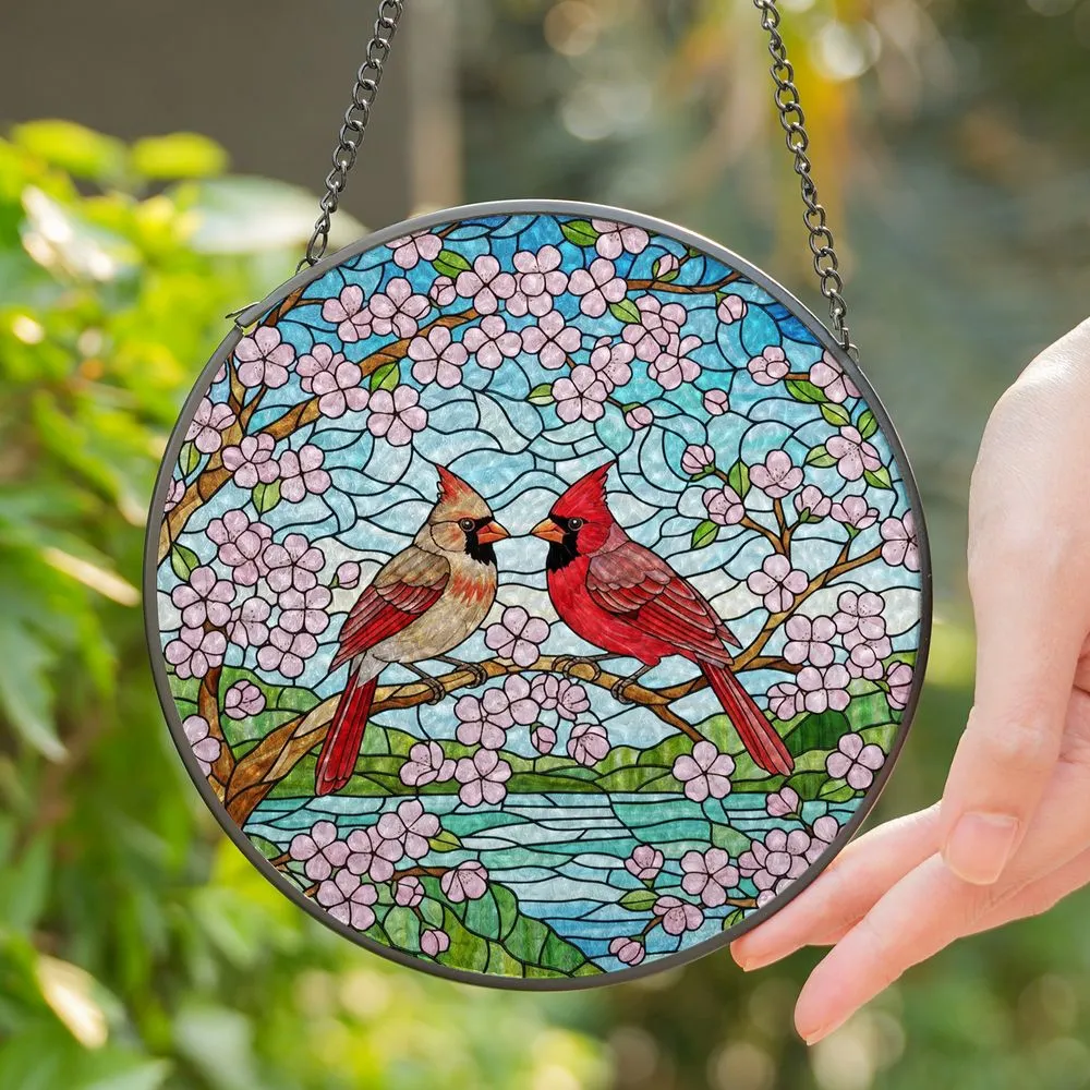Intricate Cardinal Birds Cherry Blossom Stained Glass Art - Jewel Tone Nature Decor Stained Glass Suncatcher - 1