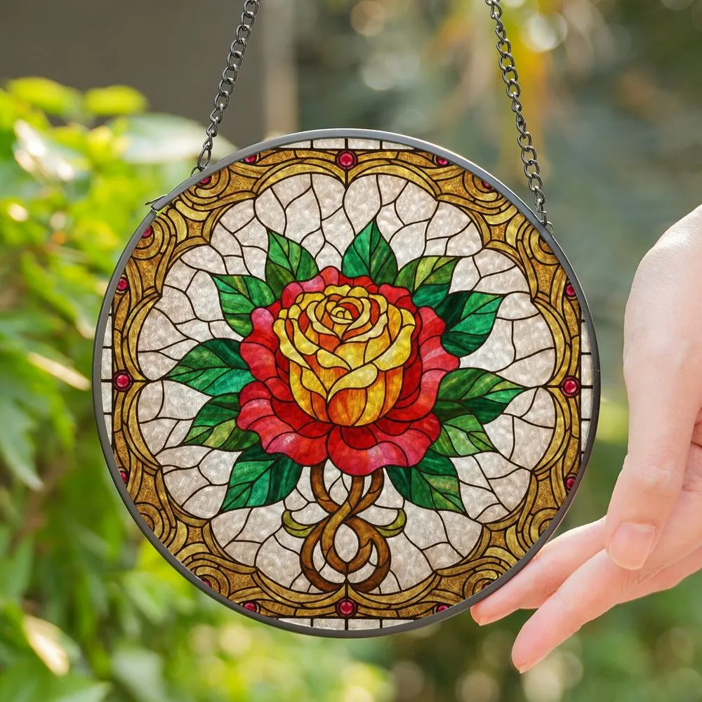 Detailed Stained Glass Blooming Rose Tiffany Style Mosaic Window Art Decor Gift Stained Glass Suncatcher - 1