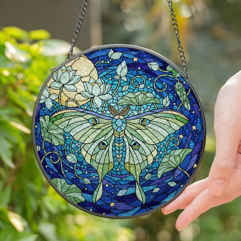 Intricate Luna Moth Crescent Moon Lotus Flowers Tiffany Stained Glass Starry Night Mosaic Stained Glass Suncatcher - 1
