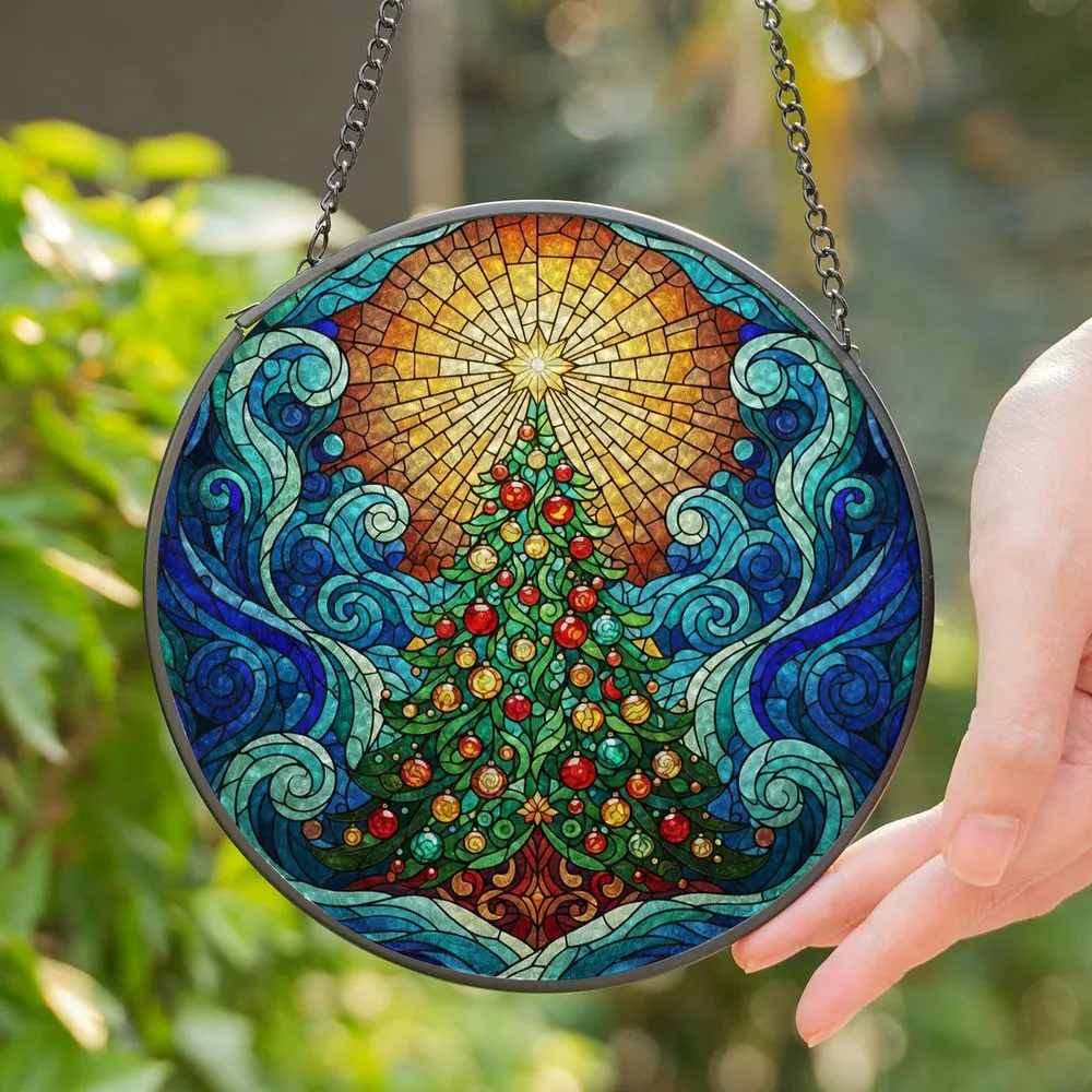 Christmas Tree Radiant Sunburst Stained Glass Colorful Ornaments Tiffany Style Holiday Gift Stained Glass Suncatcher - 1
