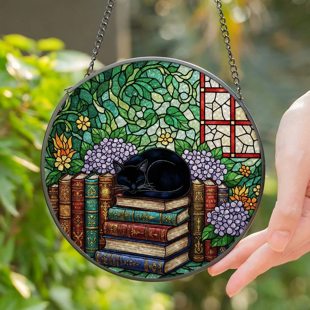 Black Cat Sleeping Books Tiffany Stained Glass Art - Purple Hydrangea Flower Red Window Stained Glass Suncatcher - 1