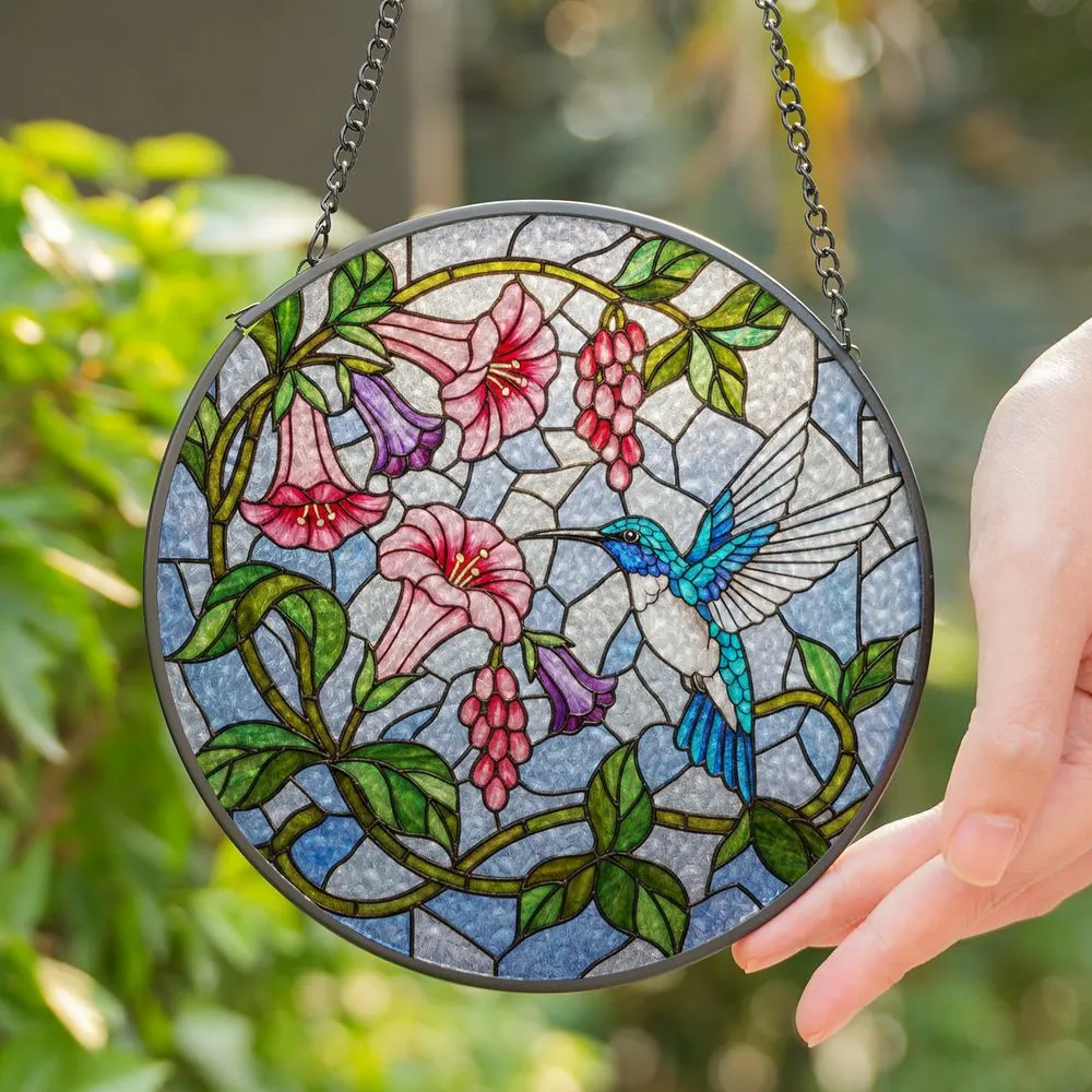 Tiffany Style Stained Glass Hummingbird, Flower Mosaic & Vine Art Home Decor Gift Stained Glass Suncatcher - 1