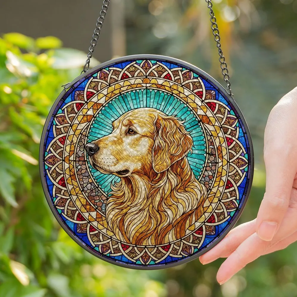 Golden Retriever Stained Glass Dog - Tiffany Style Mosaic Floral Art Gift for Dog Lovers Stained Glass Suncatcher - 1