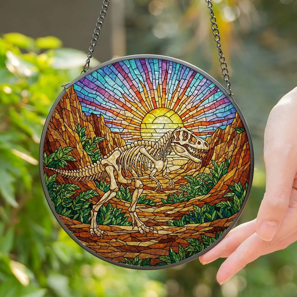 Tyrannosaurus Rex Skeleton Stained Glass Dinosaur Ancient Rocky Landscape Design Stained Glass Suncatcher - 1