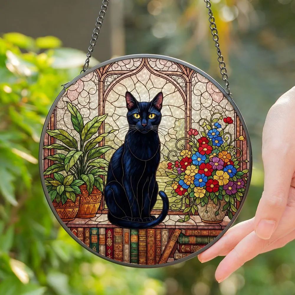 Black Cat Potted Plants Flowers Stained Glass Window Bookshelf Tiffany Jewel Tone Stained Glass Suncatcher - 1