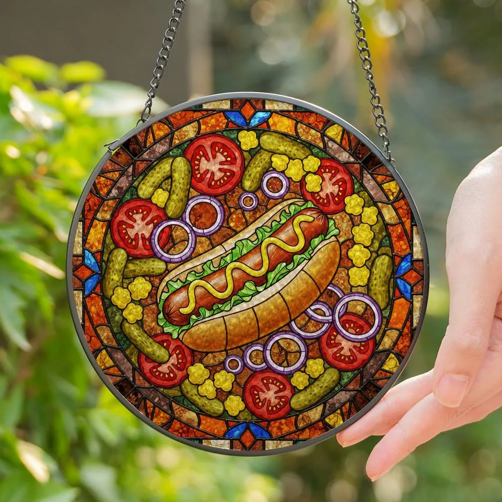 Hot Dog Stained Glass Art with Mustard Pickles Tomato Onion - Tiffany Style Foodie Gift Stained Glass Suncatcher - 1