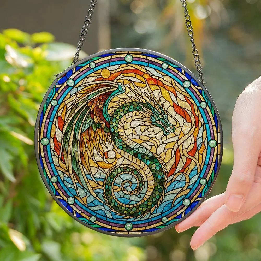 Majestic Coiled Dragon Stained Glass Tiffany Art - Ornate Fantasy Dragon Decor Gift Stained Glass Suncatcher - 1