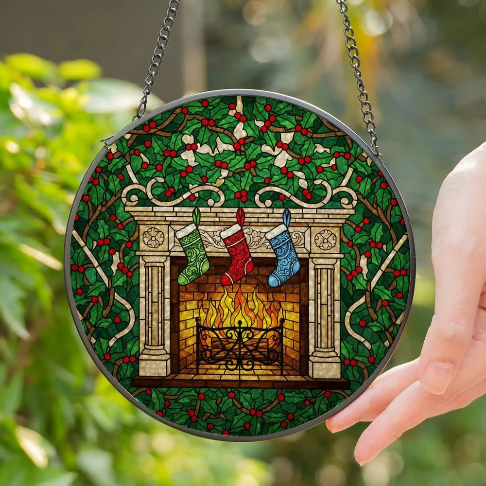 Stained Glass Fireplace Roaring Fire Christmas Stockings Holly Berries Holiday Scene Stained Glass Suncatcher - 1