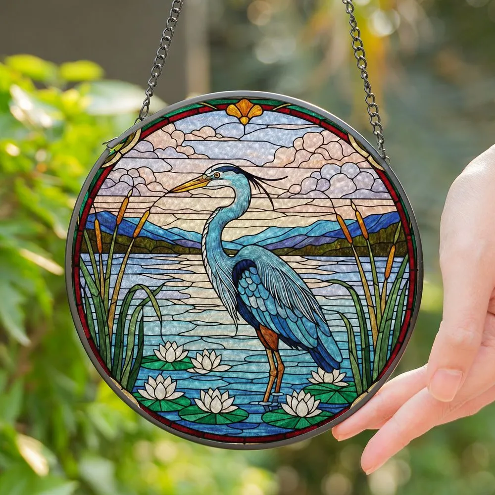 Great Blue Heron Tiffany Stained Glass Jewel Tone Art - Water Lily Lake Mountain View Stained Glass Suncatcher - 1