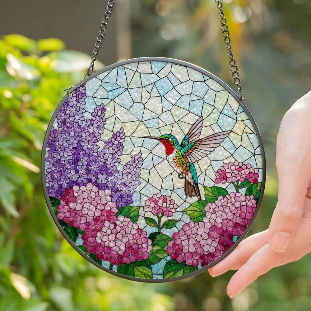 Ruby-Throated Hummingbird Pink Hydrangea Purple Lilac Tiffany Stained Glass Mosaic Panel Stained Glass Suncatcher - 1