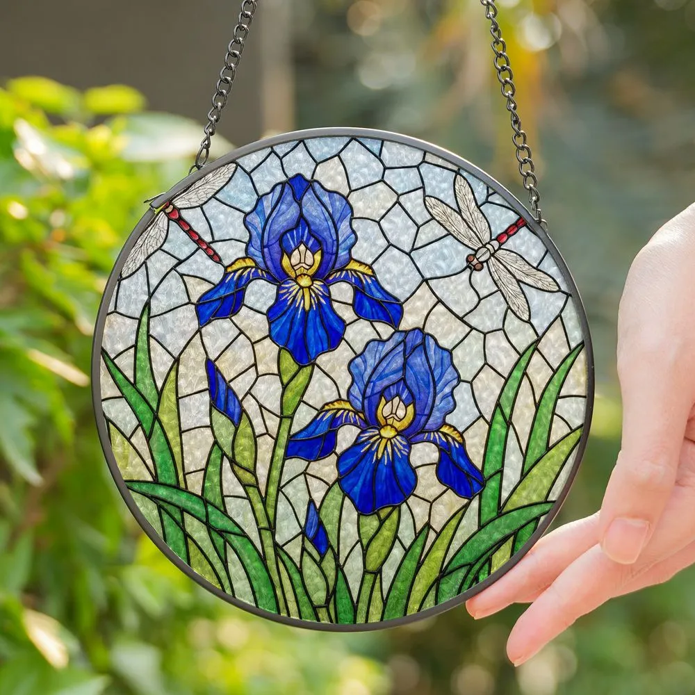 Blooming Blue Irises Dragonflies Tiffany Stained Glass Mosaic Art Intricate Patterns Stained Glass Suncatcher - 1