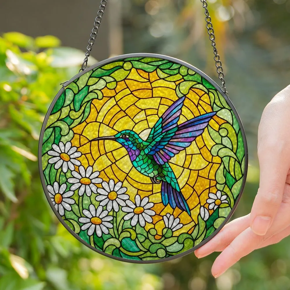 Iridescent Hummingbird Tiffany Stained Glass Daisy Flower Sunlight Sky Design Stained Glass Suncatcher - 1