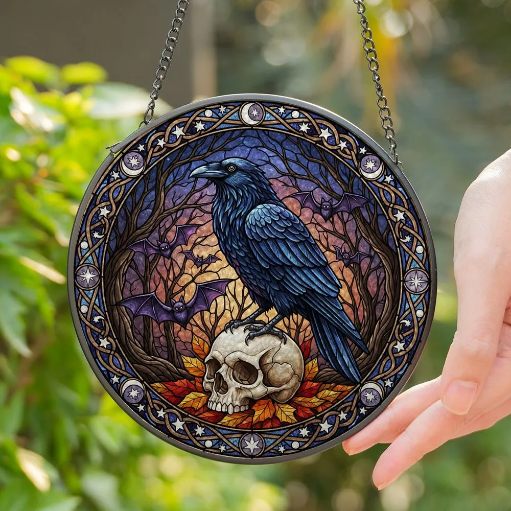 Tiffany Raven Skull Bats Stained Glass - Mystical Forest Crescent Moon Wall Art Decor Stained Glass Suncatcher - 1