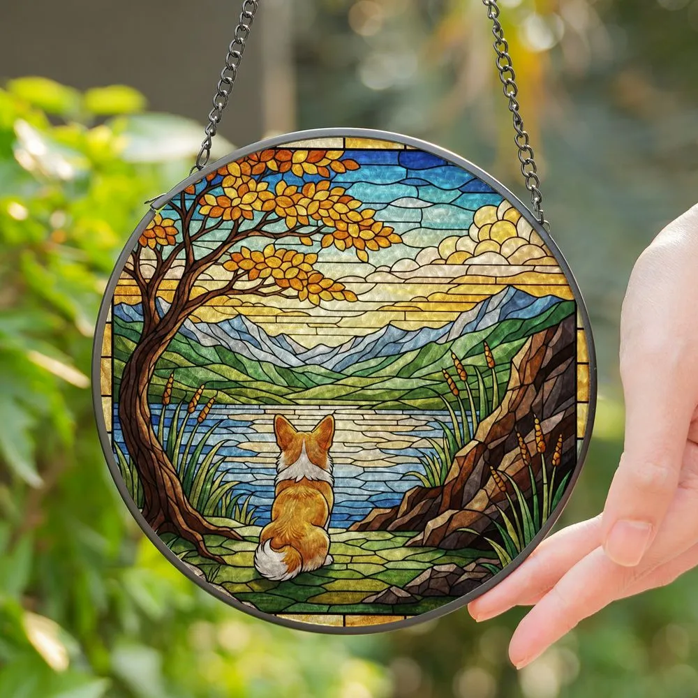Corgi Dog Stained Glass Autumn Leaves Landscape - Hills Mountains Water Sky Mosaic Stained Glass Suncatcher - 1