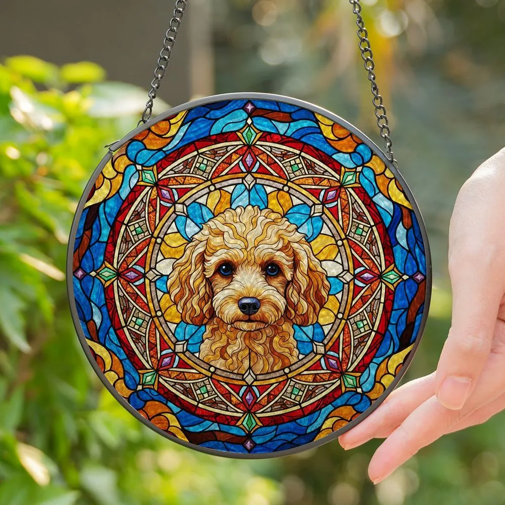 Fluffy Apricot Poodle Headshot Stained Glass Art - Intricate Mosaic Tiffany Style Window Art Stained Glass Suncatcher - 1
