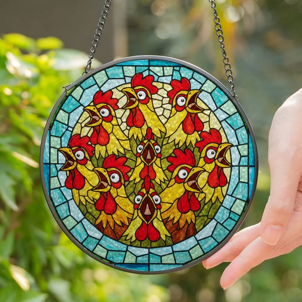 Comical Screaming Chickens Roosters Stained Glass - Fractured Mosaic Tiffany Style Stained Glass Suncatcher - 1