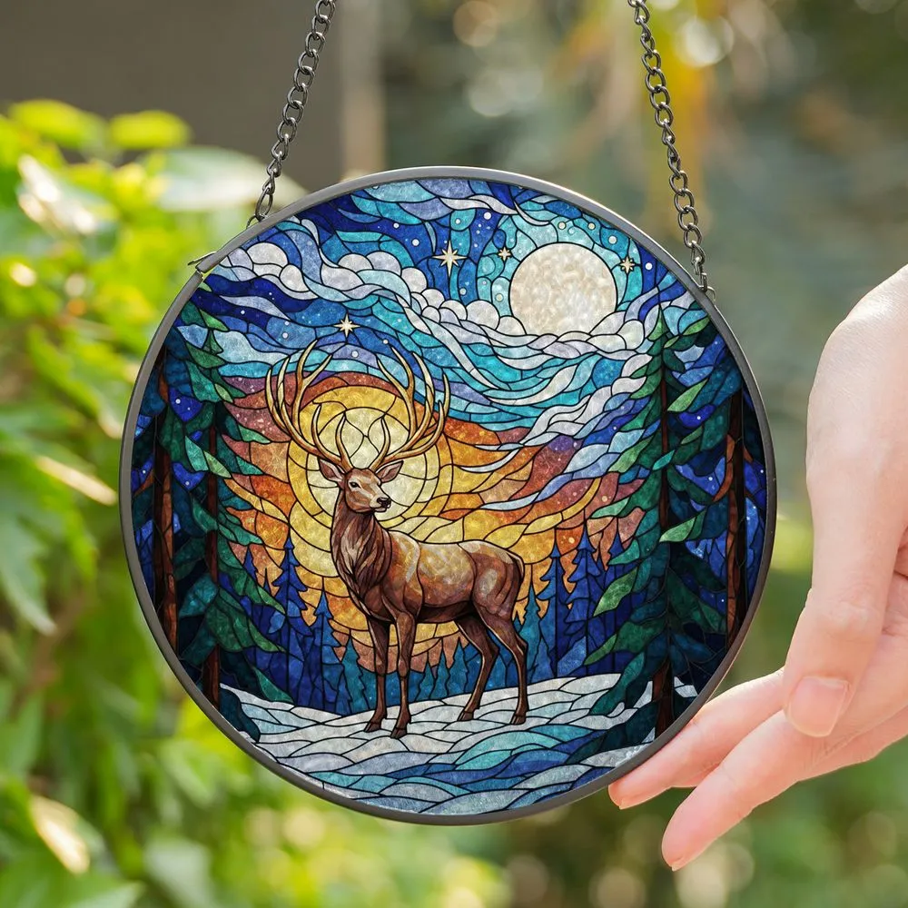 Majestic Stag Golden Antlers Winter Forest Full Moon Night Stained Glass Art Stained Glass Suncatcher - 1