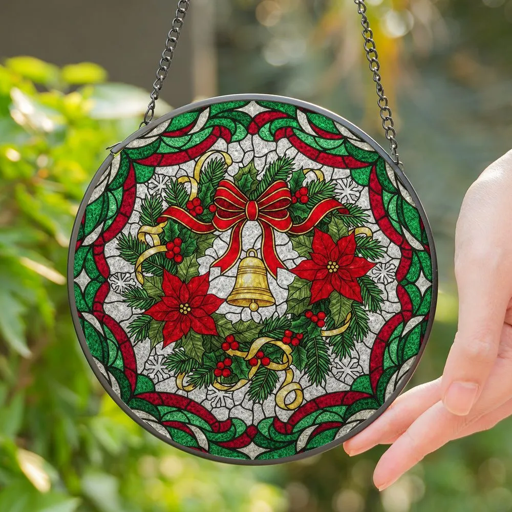 Poinsettia Wreath Holly Snowflakes Pine Branches - Tiffany Stained Glass Christmas Gift Stained Glass Suncatcher - 1