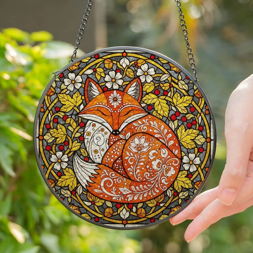 Tiffany Stained Glass Fox Folk Art Floral Botanical Pattern Intricate Jewel Tones Art Stained Glass Suncatcher - 1
