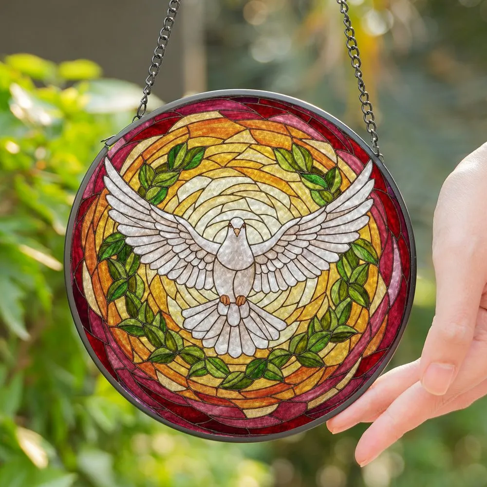 Majestic White Dove Tiffany Stained Glass - Leaf Garland Mosaic Sunset Sky Translucent Stained Glass Suncatcher - 1