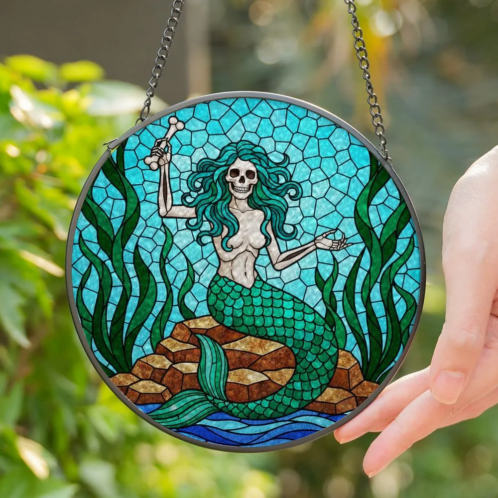 Skeletal Mermaid Stained Glass Art Mosaic - Teal Hair, Green Tail, Bone, Watery Realm Stained Glass Suncatcher - 1