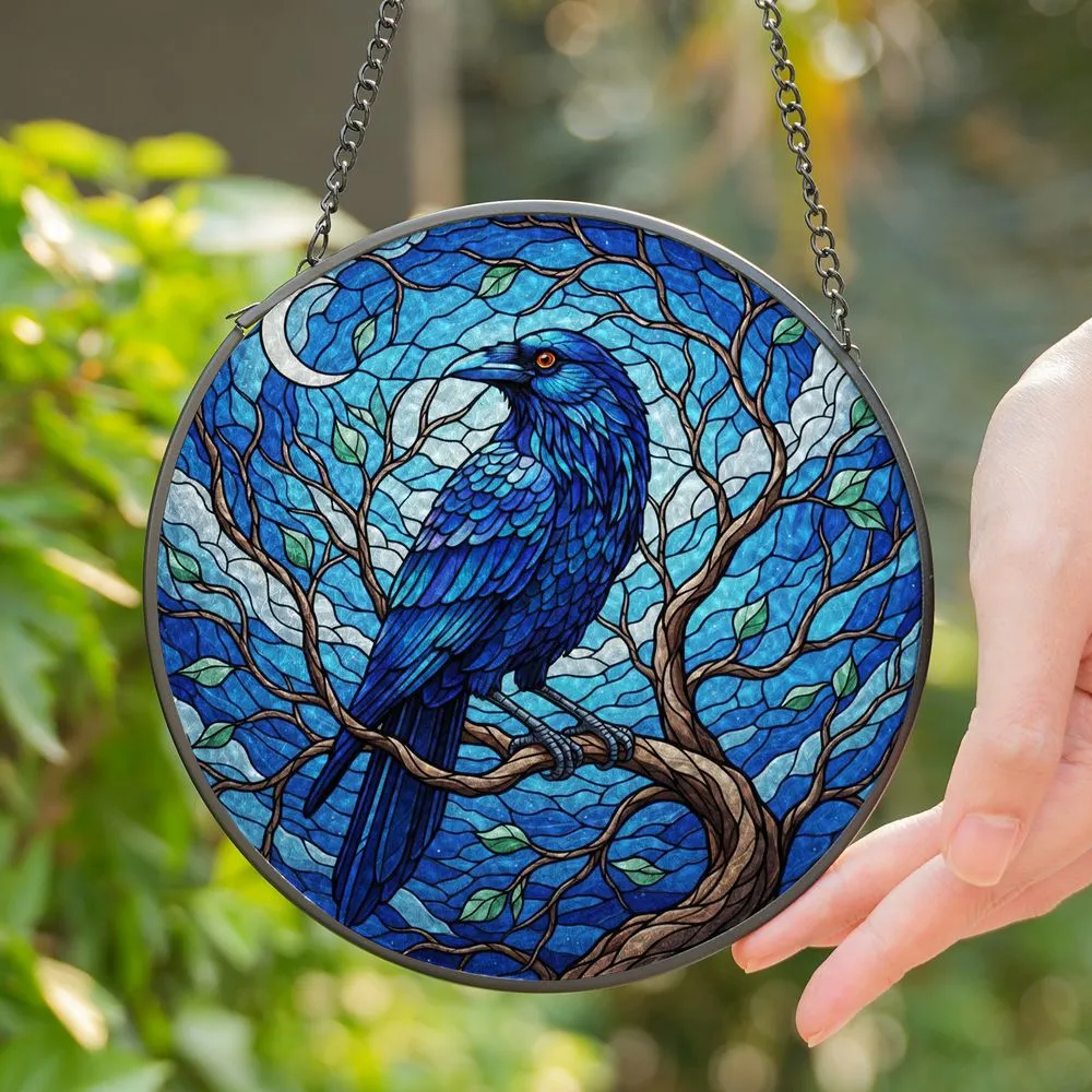 Dark Blue Iridescent Crow Tiffany Stained Glass Moon Crescent Sky Tree Branch Art Stained Glass Suncatcher - 1