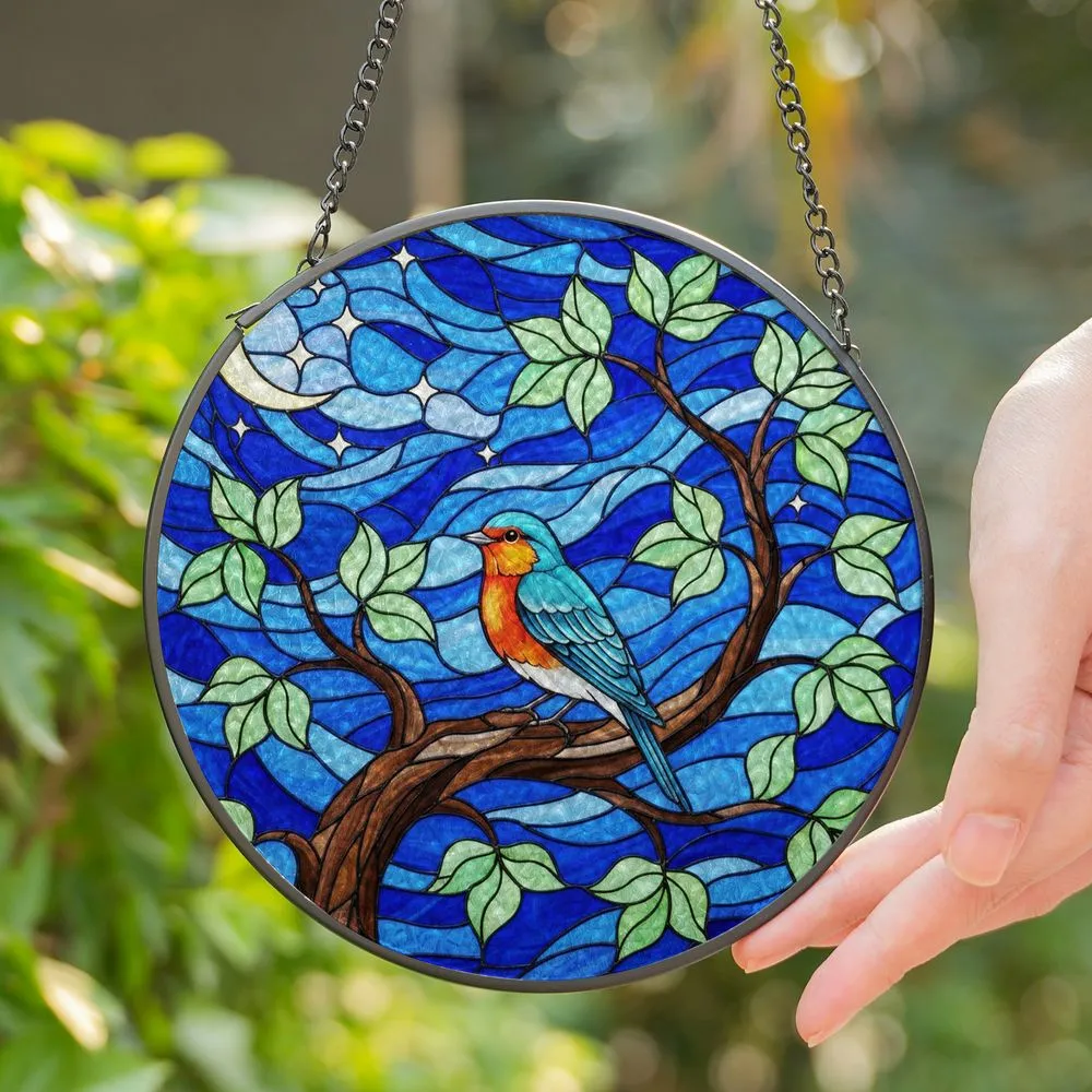 Stained Glass Bird on Branch Night Sky Moon Art with Leaves - Tiffany Style Home Decor Stained Glass Suncatcher - 1