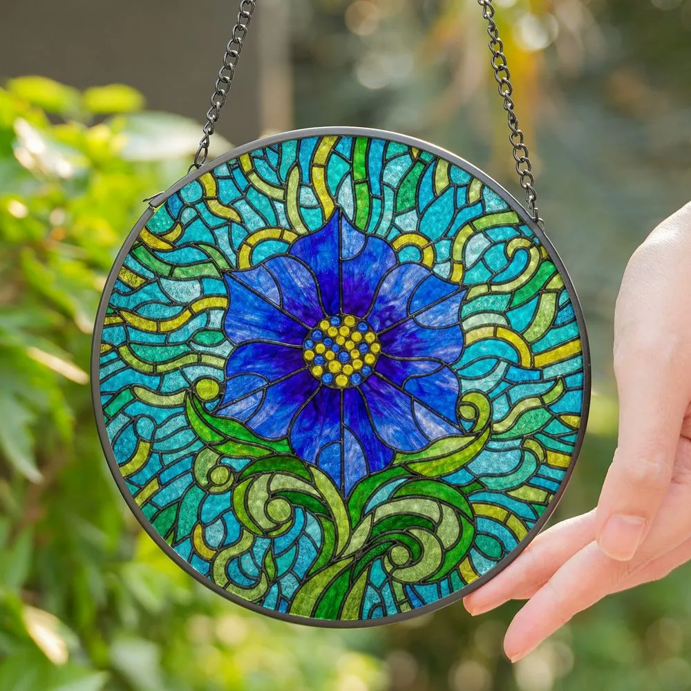 Tiffany Style Stained Glass Flower Mosaic - Jewel Tone Intricate Floral Design Art Stained Glass Suncatcher - 1