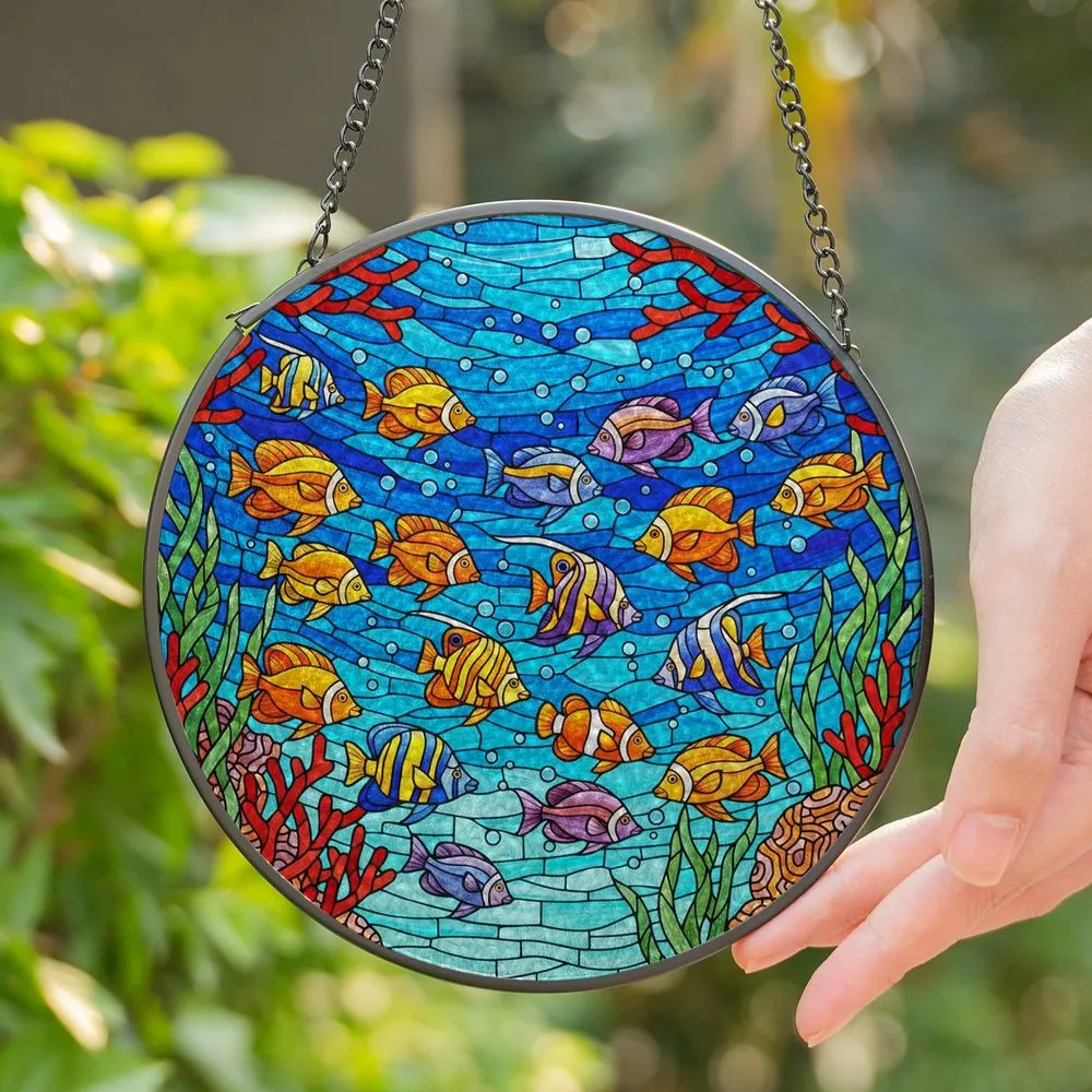 Tropical Fish Angelfish Butterfly Stained Glass Coral Reef Water Mosaic Ocean Scene Stained Glass Suncatcher - 1